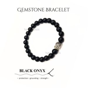Navrabeads Black Onyx with Buddha 8mm Round Beaded Bracelet for Men/Unisex | Gemstone Energy Bracelet for Strength, Focus & Stability | Handcrafted Stretchable Bracelet Made in India | Stylish Spiritual Jewelry for Daily Wear