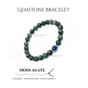Navrabeads Moss Agate with Evil Eye 8mm Round Beaded Bracelet for Men/Unisex | Spiritual Energy Bracelet for Balance, Calm & Protection | Handcrafted Stretchable Bracelet Made in India | Stylish Daily Wear Jewelry