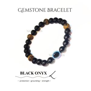 Navrabeads Black Onyx with Tiger Eye & Evil Eye 8mm Beaded Bracelet for Men/Unisex| Protection & Confidence Energy Bracelet | Handcrafted Stretchable Bracelet Made in India | Powerful Daily Wear Spiritual Jewelry