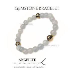 Navrabeads Angelite with Gold Hematite 8mm Natural Gemstone Bracelet for Men/Unisex | Calmness, Balance & Confidence Energy Bracelet | Handcrafted Stretchable Bracelet for Daily Wear | Made in India