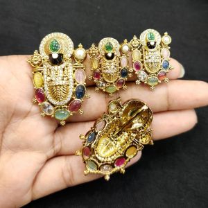 Matt Gold Finish Perumal (Tirupati Balaji) Pendant With Earrings, multi colour