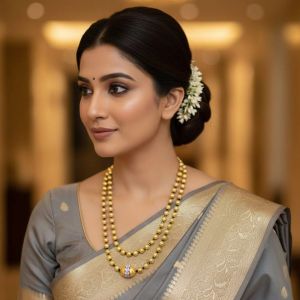 Brushed Beads Necklace with zircon stone Gold Balls with a Black Cotton Rope