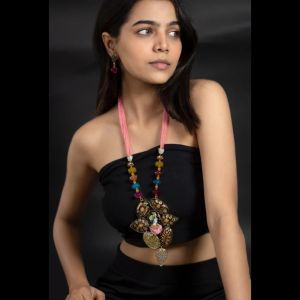 Navrabeads Onyx Pendant Necklace with Krishna Tanjore Painting | Hand-Painted Spiritual Art Pendant with Onyx Beads & Pink Crystals | Elegant Traditional Jewelry Set for Women | Adjustable Rope Style