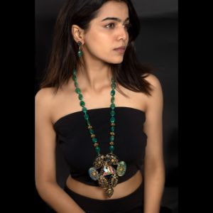 Navrabeads Onyx Pendant Necklace with Radha Krishna Tanjore Painting | Hand-Painted Spiritual Pendant with Agate Beads | Traditional Ethnic Jewelry Set for Women | Adjustable Rope Style