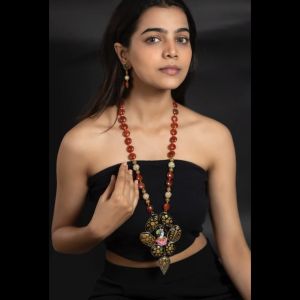 Navrabeads Onyx Pendant Necklace with Krishna Tanjore Painting | Hand-Painted Spiritual Art Pendant with Agate Beads | Traditional Ethnic Jewelry Set for Women | Adjustable Rope Style