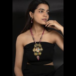 Navrabeads Onyx Pendant Necklace with Krishna Tanjore Painting | Hand-Painted Spiritual Art Pendant with Japanese Beads & Pink Quartz Beads | Elegant Ethnic Jewelry Set for Women | Adjustable Rope Style