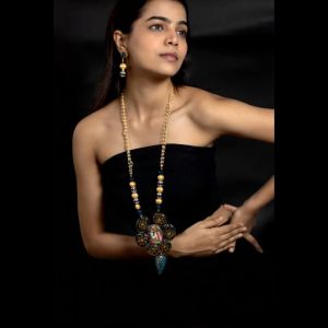 Navrabeads Onyx Pendant Necklace with Radha Krishna Tanjore Painting | Hand-Painted Spiritual Art Pendant with Swarovski Replica Pearls | Premium Ethnic Jewelry Set for Women | Adjustable Rope Style