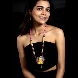 Navrabeads Onyx Pendant Necklace with Radha Krishna Tanjore Painting | Hand-Painted Spiritual Art Pendant with Swarovski Replica Pearls | Premium Ethnic Jewelry Set for Women | Adjustable Rope Style