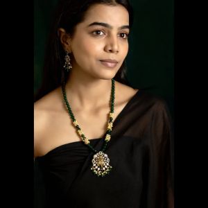 Navrabeads Radha Krishna Victorian Pendant Set with Agate Beads for Women | Handcrafted Antique-Finish Pendant & Earrings Set for Festive, Temple & Ethnic Wear | Designer Jewelry with Smooth Agate Beads