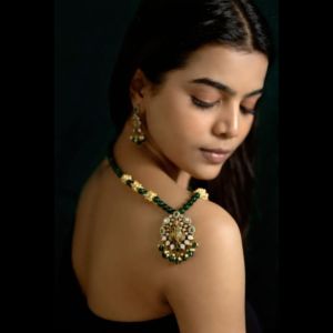 Navrabeads Radha Krishna Victorian Pendant Set with Agate Beads for Women | Handcrafted Antique-Finish Pendant & Earrings Set for Festive, Temple & Ethnic Wear | Designer Jewelry with Smooth Agate Beads