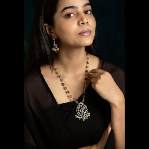 Navrabeads Onyx Pendant Necklace with Radha Krishna Tanjore Painting | Hand-Painted Spiritual Art Pendant with Swarovski Replica Pearls | Premium Ethnic Jewelry Set for Women | Adjustable Rope Style