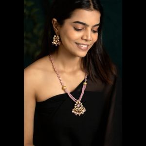 Navrabeads Onyx Pendant Necklace with Radha Krishna Tanjore Painting | Hand-Painted Spiritual Art Pendant with Swarovski Replica Pearls | Premium Ethnic Jewelry Set for Women | Adjustable Rope Style