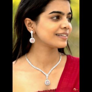 Navrabeads American Diamond Set with Rhodium Polish | Light Pink & White Sparkling Stones for Women | Elegant AD Necklace with Matching Earrings | Premium Bridal & Party Wear Jewelry
