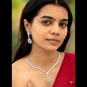 Navrabeads American Diamond Set with Rhodium Polish | Light Green & White Sparkling Stones for Women | Elegant AD Necklace with Matching Earrings | Premium Bridal & Party Wear Jewelry
