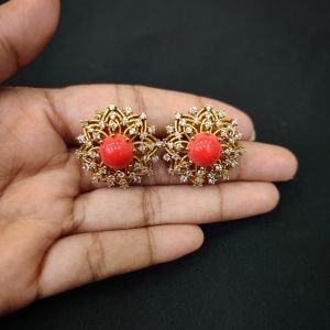 Cz Stone Flower Earring , Coral Red