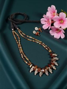 Onyx and Agate Necklace with original Kohlapuri Charms with a cotton Dori Finish along with a pair of Earrings , Brown Double Shade