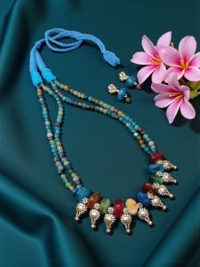 Onyx and Agate Necklace with original Kohlapuri Charms with a cotton Dori Finish along with a pair of Earrings , MultiColour