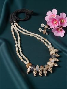 Onyx and Agate Necklace with original Kohlapuri Charms with a cotton Dori Finish along with a pair of Earrings , White