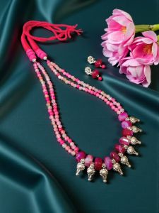 Onyx and Agate Necklace with original Kohlapuri Charms with a cotton Dori Finish along with a pair of Earrings , Pink Double Shade