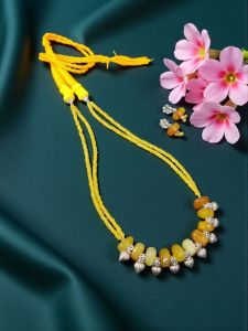 Onyx and Agate Necklace with original Kohlapuri Charms with a cotton Dori Finish along with a pair of Earrings , Yellow