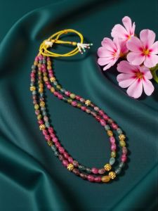 Quartz Necklace in 2 layers with Antique Gold Beads with Rope Finish at the Back, MultiColour