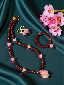 Maroon Crystal & Glass Flower Designer Jewelry Set (Necklace, Bracelet, Earrings)