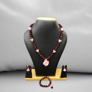 Maroon Crystal & Glass Flower Designer Jewelry Set (Necklace, Bracelet, Earrings)