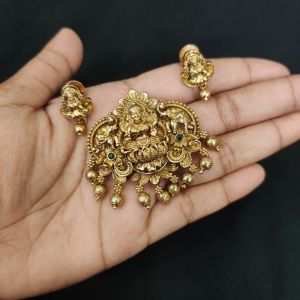 Antique Finish Lakshmi Pendant With Earrings