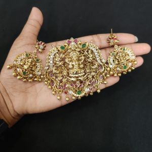 Antique Finish Lakshmi Pendant With Earrings