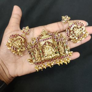 Antique Finish Lakshmi Pendant With Earrings