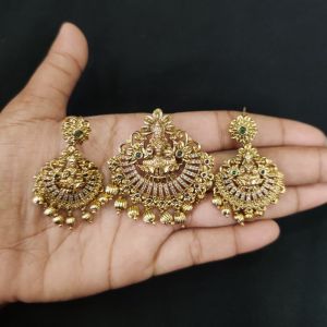Antique Finish Lakshmi Pendant With Earrings