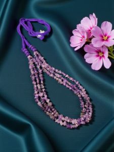 Amethyst Necklace in 3 lines with a cotton Dori at the back