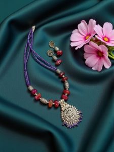 Oxidised Silver Lakshmi Pendant with Onyx and Agate Beads with Silver Replica Spacers