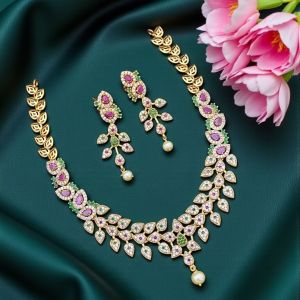 Navrabeads Royal Ruby Grace American Diamond Choker Set for Women | Gold Tone Statement Jewelry with Ruby White Green Stones & Matching Earrings | Adjustable Rope Design for Wedding & Festive Wear