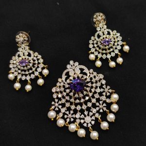 CZ pendants With Earrings, Purple, White Stones
