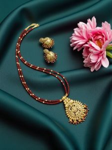 2 Layer Crystals with Antique Gold pendant Necklace with Jhumkas