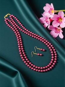 2 Layer Glass Pearl Necklace with Earrings, Magenta