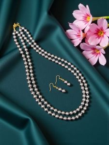 2 Layer Glass Pearl Necklace with Earrings, Grey