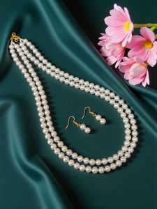 2 Layer Glass Pearl Necklace with Earrings, White