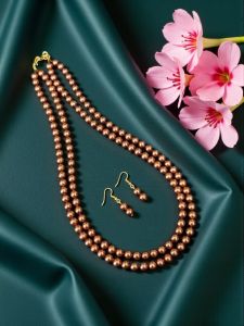 2 Layer Glass Pearl Necklace with Earrings, Brown