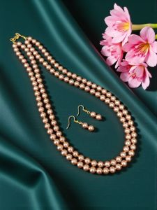 2 Layer Glass Pearl Necklace with Earrings, Light Bronze