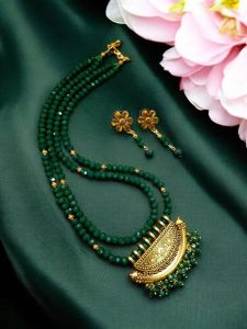 Crystal Necklaces with Oxidised Gold Arch Pendants in 2 layers, Green