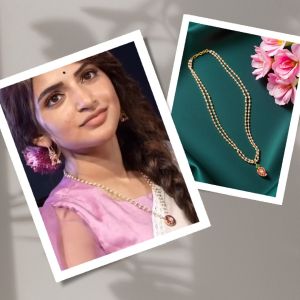 Sree Leela inspired Pearl chain with Mango Jadau pendant, Pink
