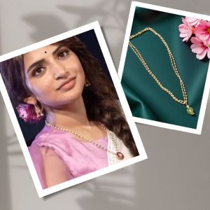 Sree Leela inspired Pearl chain with Mango Jadau pendant, Green