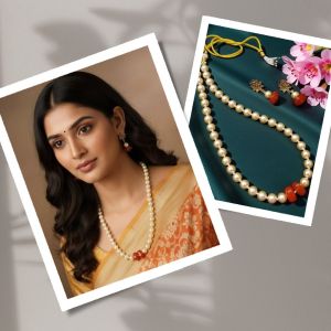 Swarovski Replica Golden Pearl with Reddish Pink Onyx Rondelle Beads with Matching Earrings