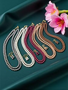 2 Layer Glass Pearl Necklace with Earrings, Assorted , Pack of 5 Set