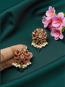 Kemp Studs, Jadau Replica Earrings, Pink