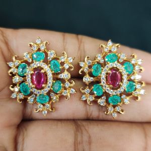 Cz Stone Flower Earrings, Sea Green