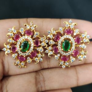 Cz Stone Flower Earrings, Pink & Green