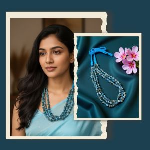 Apatite Necklace in 3 lines with a cotton Dori at the back